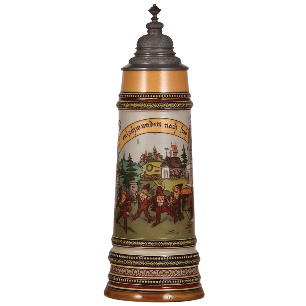 Pottery stein, 2.0L, 17.0" ht., by Hauber & Reuther : Pottery stein, 2.0L, 17.0" ht., marked H.R., by Hauber & Reuther, 433, etched, dwarfs in town scene, pewter lid, mint.