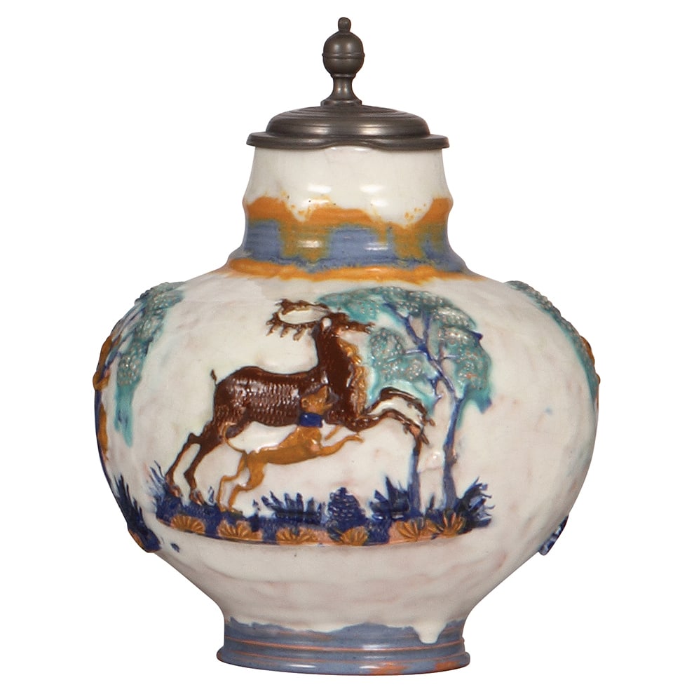 Terra cotta stein, 8.3? ht., Münchener Werkstätten Für Keramik Kunst : Terra cotta stein, 8.3? ht., hand-painted majolica, marked Münchener Werkstätten Für Keramik Kunst, hunting scene, pewter lid, mint.
