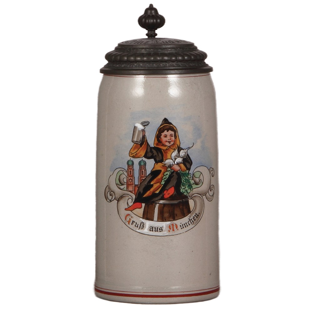 Stoneware stein, 1.0L, Gruss aus München : Stoneware stein, 1.0L, transfer & hand-painted, Gruss aus München, incised pewter lid: Gasthof Prinz Ludwig, rare, mint.