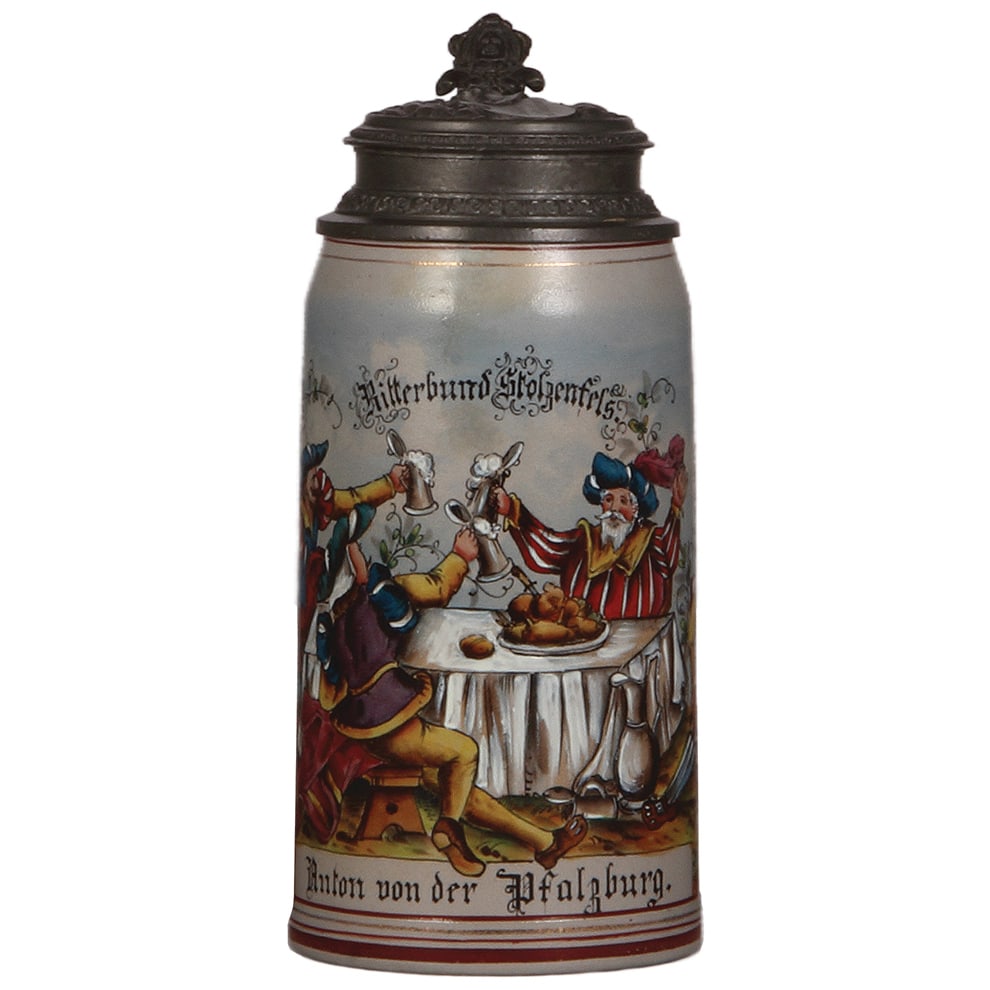 Stoneware stein, 1.0L, Ritterbund Stolzenfels : Stoneware stein, 1.0L, transfer & enameled, Ritterbund Stolzenfels Anton von der Pfalzburg, pewter lid, two hairlines repaired.
