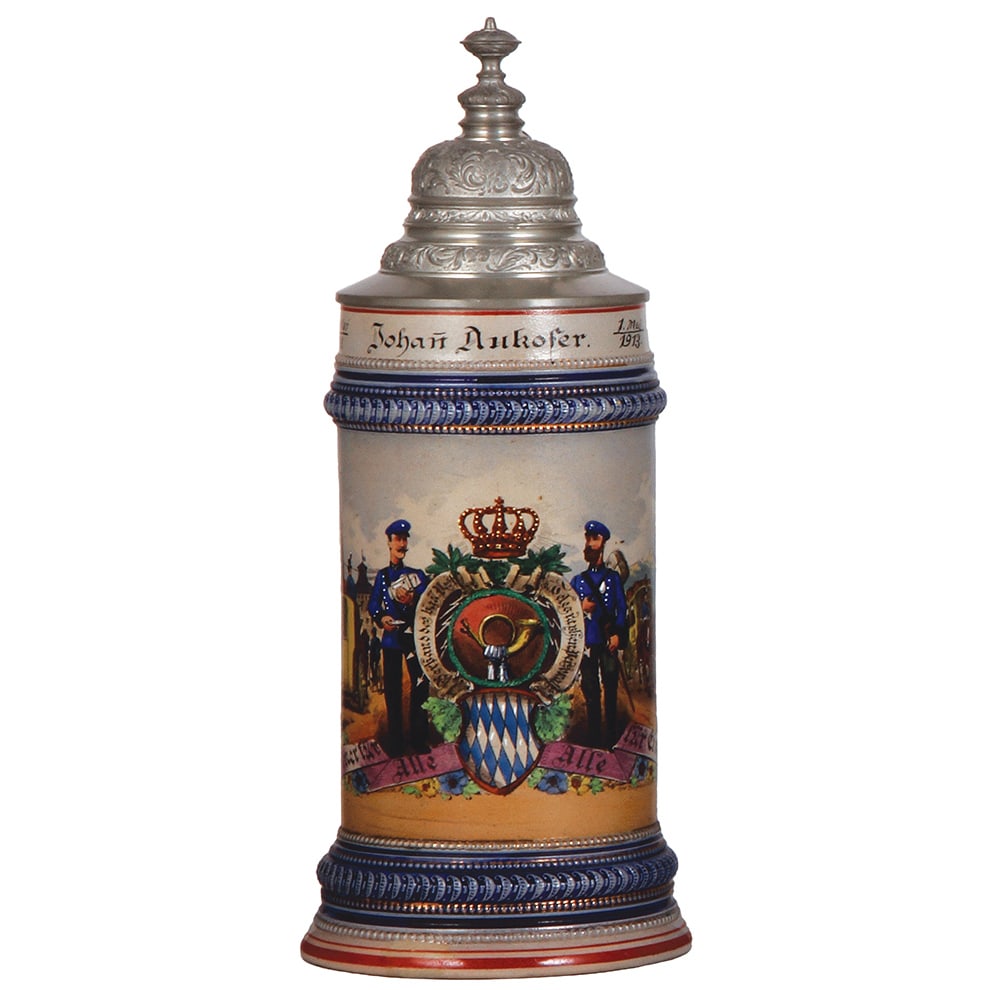 Stoneware stein, 1.0L, Occupational Bayr. Post u. Telegraphen : Stoneware stein, 1.0L, transfer & hand-painted, Occupational Bayr. Post u. Telegraphen Verbandes, 1888 - 1913, pewter lid, base chip repaired.