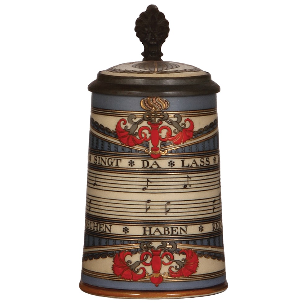 Mettlach stein, .5L, 2097 : Mettlach stein, .5L, 2097, etched, by Otto Hupp, inlaid lid, mint.