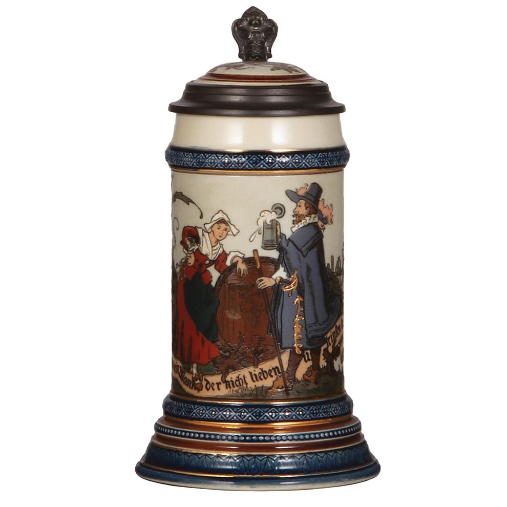 Mettlach stein, .5L, 2230 : Mettlach stein, .5L, 2230, etched, by H. Schlitt, inlaid lid, large base version for music box, no music, mint.