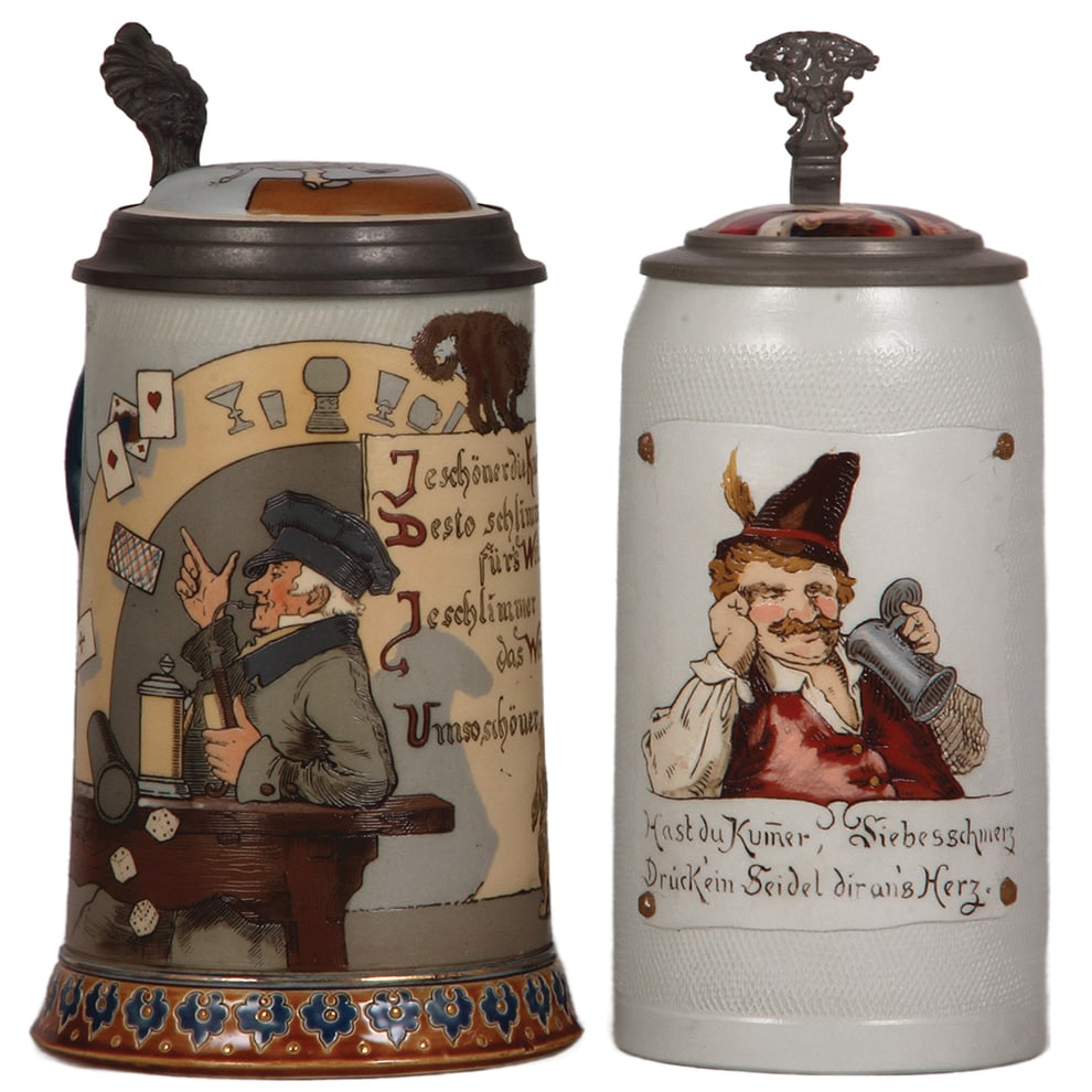 Mettlach steins, two, 1.0L, 2090 : Mettlach steins, two, 1.0L, 2090, etched, by H. Schlitt, inlaid lid, mint; with, 1.0L, 1648, tapestry, porcelin inlaid lid: Gambrinus, mint.