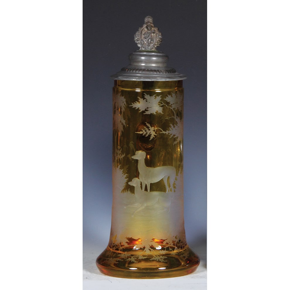 Glass stein, .75L, amber on clear overlay : Glass stein, .75L, 11.3" ht., blown, mid 1800s, amber on clear overlay, wheel-engraved, two dogs, clear glass inlaid lid, excellent pewter strap repair, line on bottom of handle.