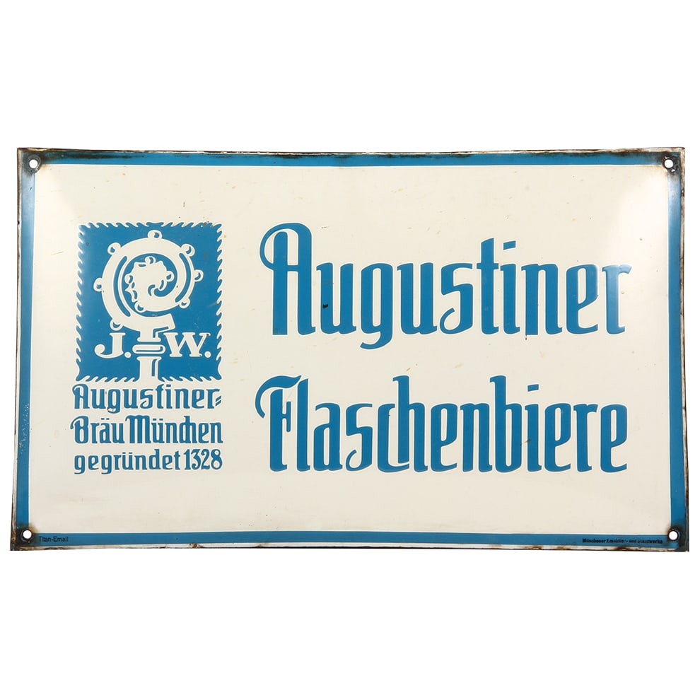 Enameled advertising sign, metal, Augustiner Flaschenbiere : German Brewery enameled advertising sign, 19.5" x 11.9", metal, manufactured by: Titah Email, Münchener Emailier u. Stanzwerke, Augustiner Flaschenbiere, a little wear around edges.