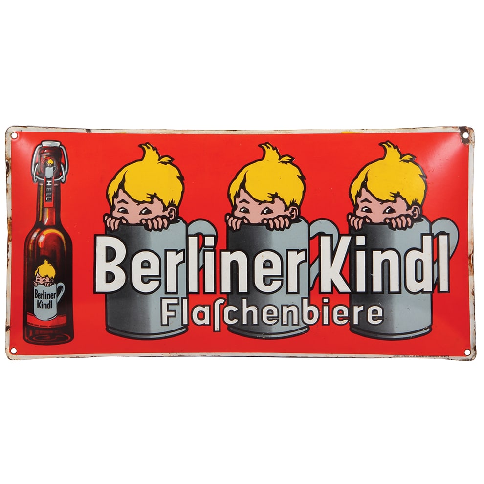 Enameled advertising sign, metal, Berliner Kindl Flaschenbier : German Brewery enameled advertising sign, 19.2" x 9.5", metal, manufactured by Union-Werke A.-G. Radebeul-Dresden 358712, Berliner Kindl Flaschenbier, wear around edges.