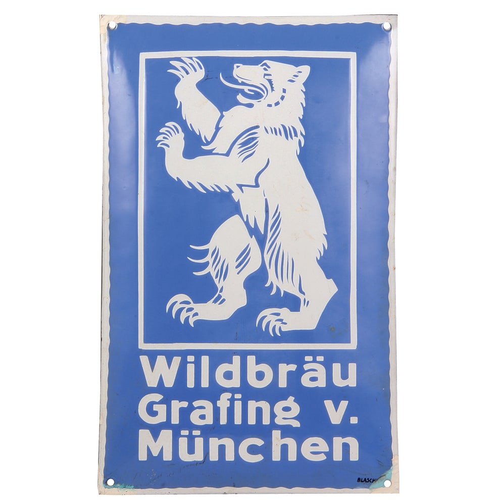 Enameled advertising sign, metal, Wildbräu Grafing v. München : German Brewery enameled advertising sign, 9.7" x 15.5", metal, manufactured by Blasch, Wildbräu Grafing v. München, corners have touch-ups.