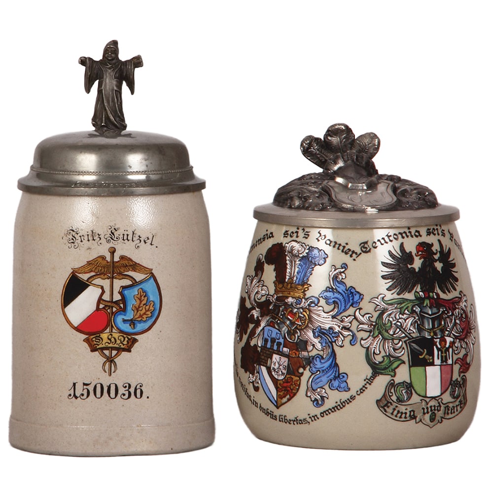 Student steins, two, stoneware, .5L : Student steins, two, stoneware, .5L, transfer & enameled, D.h.B., named to: Fritz Lützel, pewter lid: Werbepreis, 1" hairline; with, .5L, print-over-glaze, student society, Grimensia sei's Panier!, T