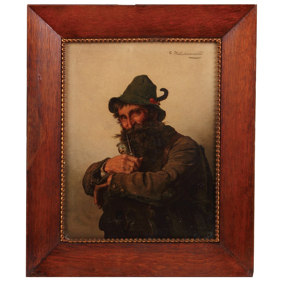 Jäger painting on board, frame 13.1" x 15.6" : Jäger painting on board, frame 13.1" x 15.6", appears to be water color, signed G. Kotschenreiter, very good quality, framed behind glass, frame chips along bottom edge, very good condition.