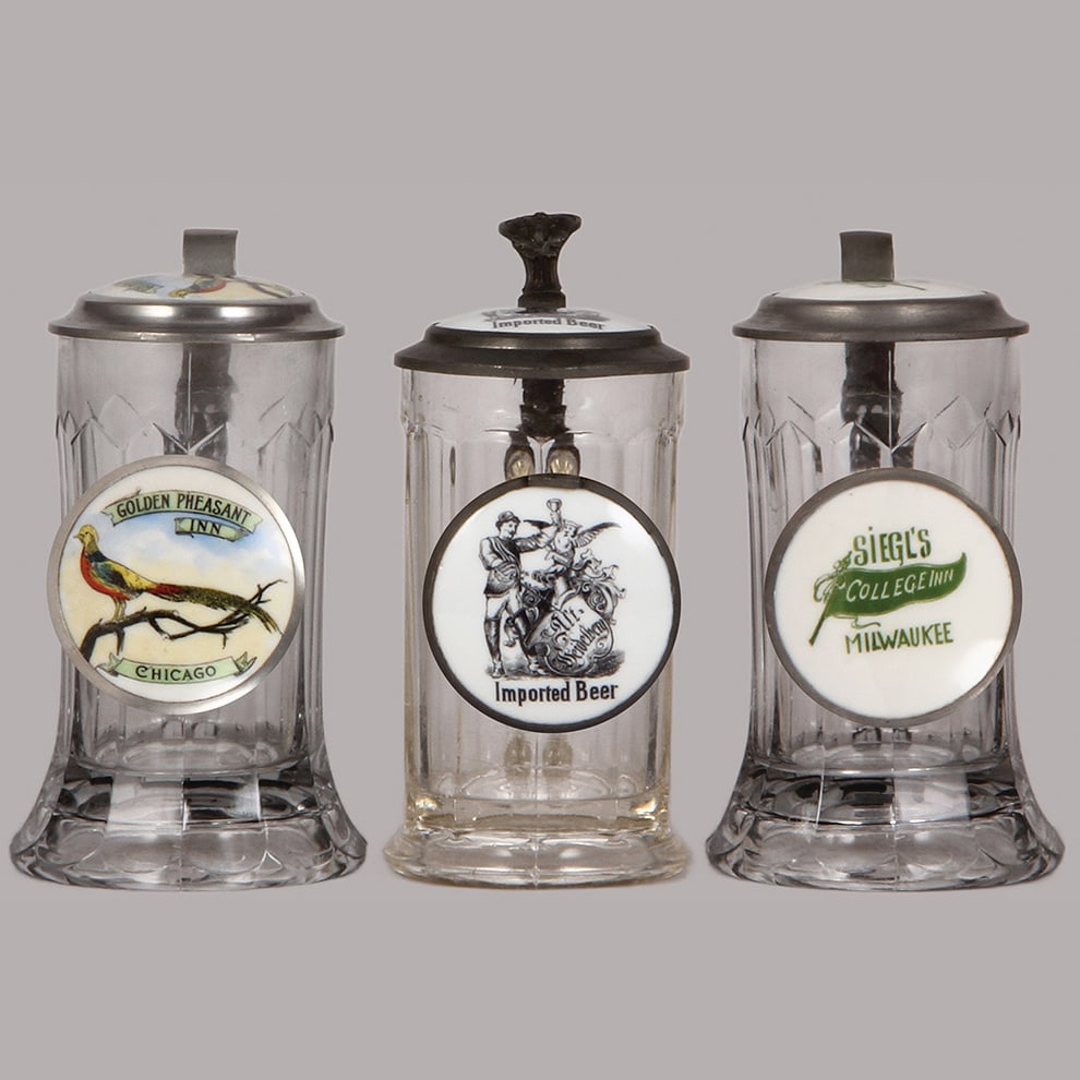 Pre-prohibition brewery steins, three, .5L, glass : Pre-prohibition brewery steins, three, .5L, glass, porcelain inlaid lids: Golden Pheasant Inn, Chicago, Alt Heidelberg Imported Beer, Siegel's College Inn, Milwaukee, all mint.