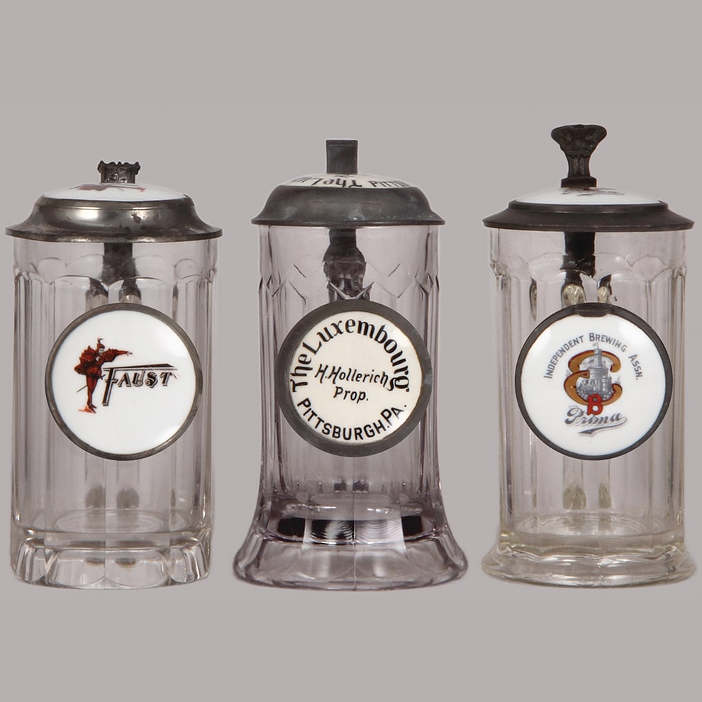 Pre-prohibition brewery steins, three, .5L, glass : Pre-prohibition brewery steins, three, .5L, glass, porcelain inlaid lids: Faust, The Luxembourg Pittsburgh Pa. H. Hollerich Prop., Independent Brewing Assn. Prima, all mint.