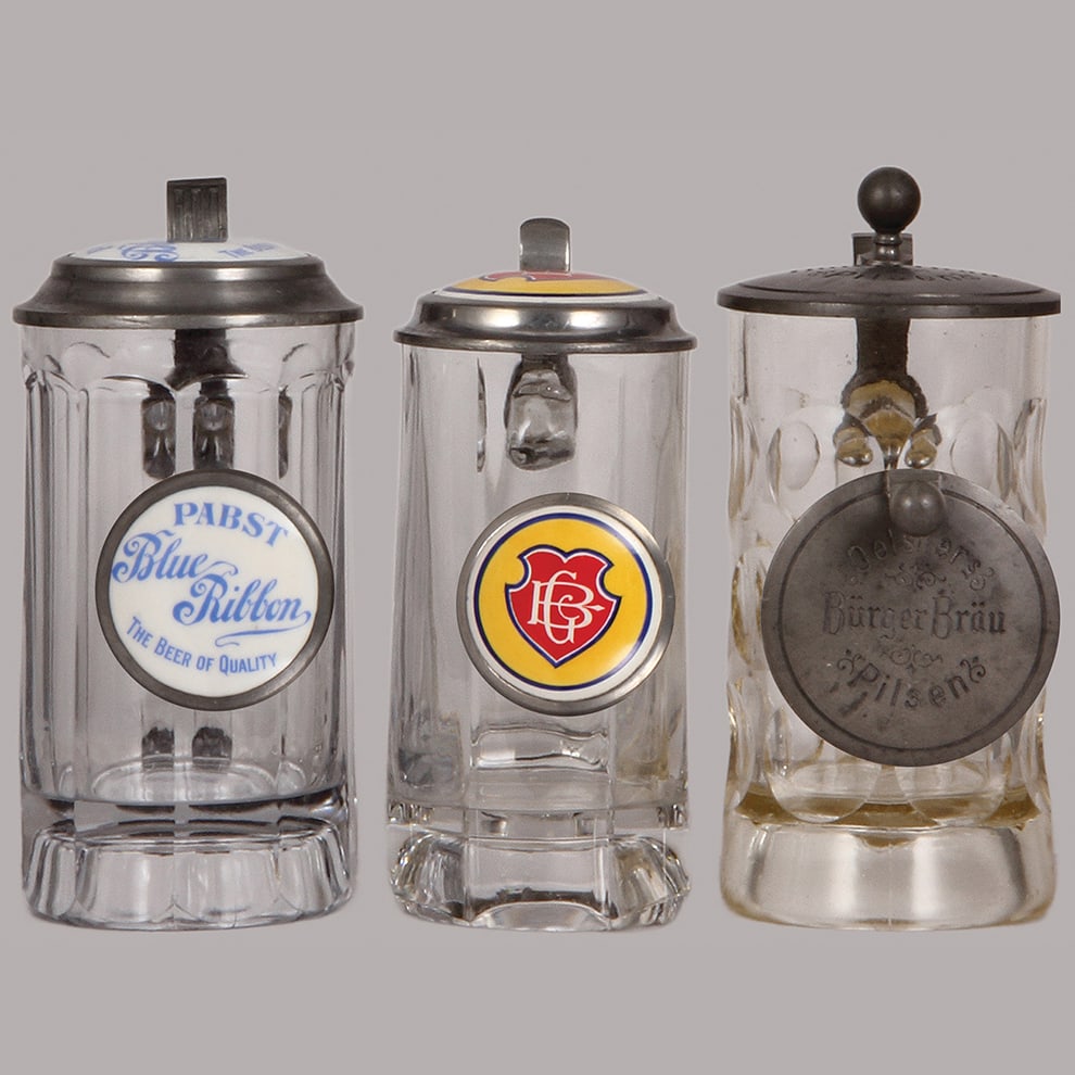 Pre-prohibition brewery steins, three, .5L, glass : Pre-prohibition brewery steins, three, .5L, glass, porcelain inlaid lids: Pabst Blue Ribbon The Beer of Quality, G B in shield, Griesdieck Bros., pewter lid: Oelsners Bürger Bräu Pilsen, all mint.