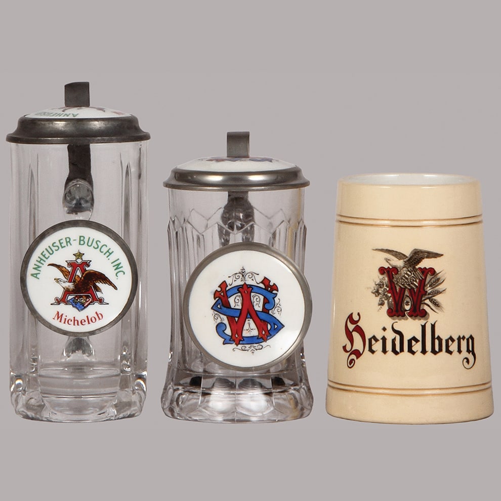 Pre-prohibition brewery steins, three, .5L, glass : Pre-prohibition brewery steins, three, .5L, glass, porcelain inlaid lids: Anheuser-Busch, Inc. Michelob, W.S., pottery mug, C.W. Heidelberg, all mint.