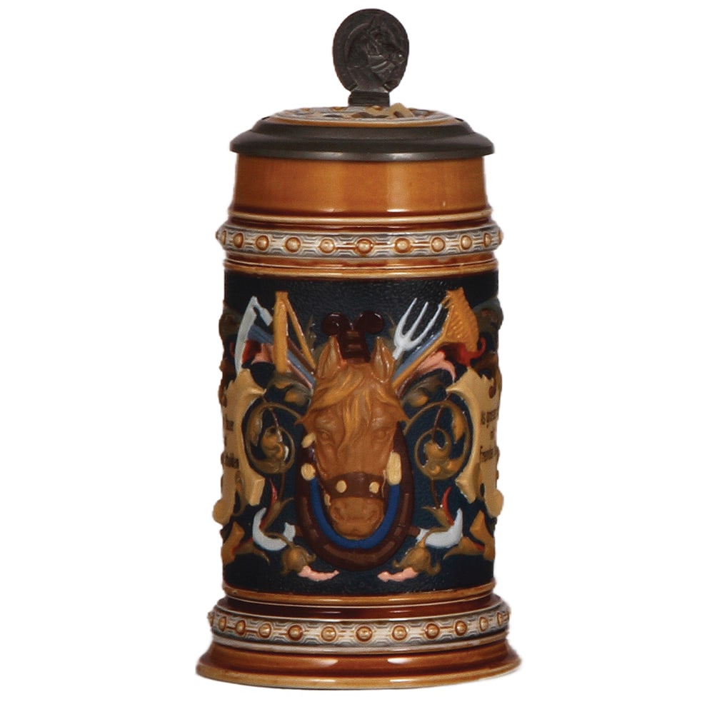 Mettlach stein, .5L, 1460, decorated relief. (1 of 4)