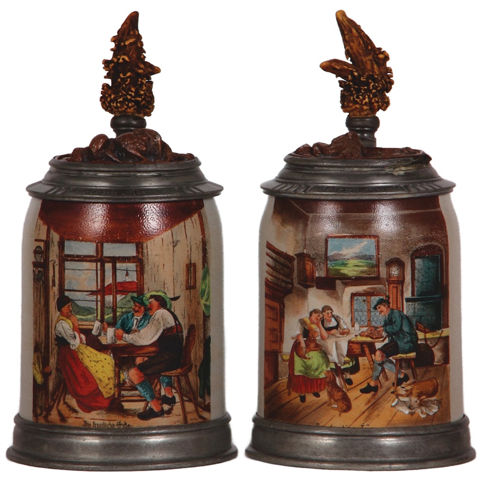 Stoneware steins, pair, .5L, transfer & hand-painted, copper inlaid lids. (1 of 7)