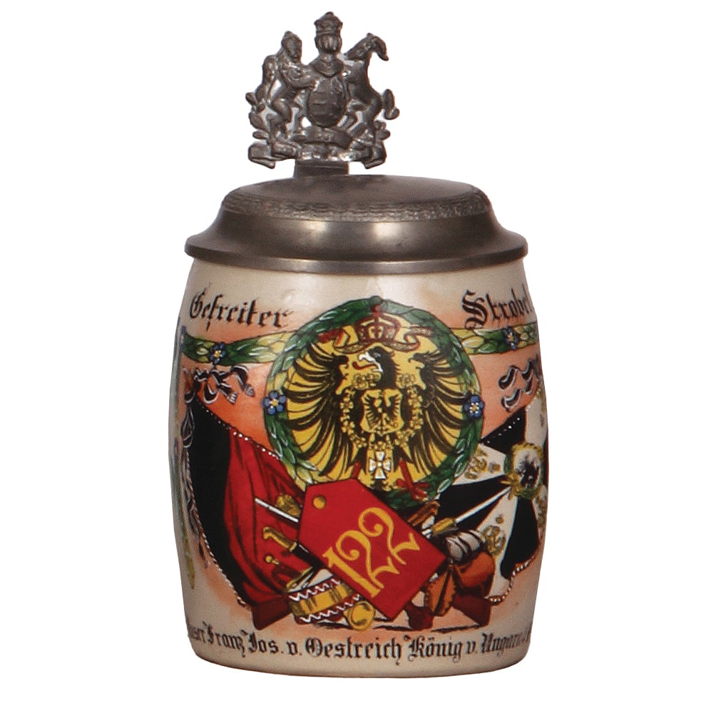 Regimental stein, .5L, Füilier Regt. Nr. 122, Mergentheim.: Regimental stein, .5L, 6.6" ht., stoneware, 6. Comp., Füsilier Regt. No. 122, Mergentheim, 1912 - 1914, roster, Württemberg thumblift, named to: Gefreiter Strobel, mint.