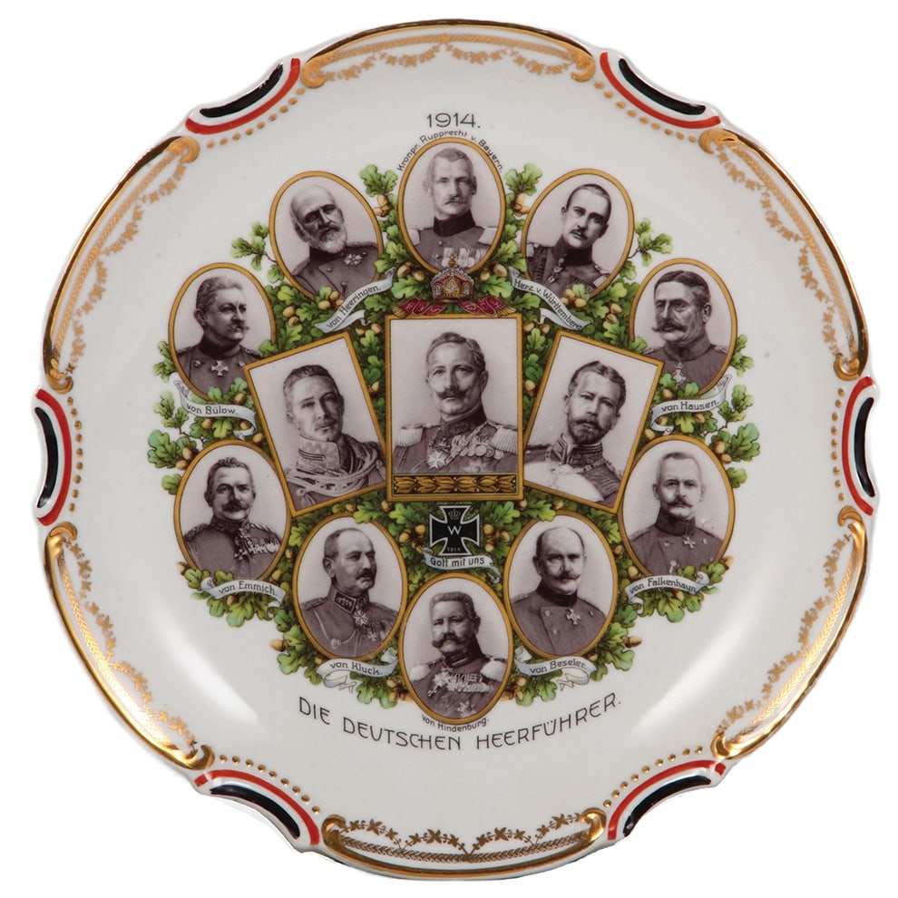 Military plaque, 11.6" d., 1914 Die Deutschen Heerführer.: Military plaque, 11.6" d., porcelain, transfer & hand-painted, 1914 Die Deutschen Heerführer, mint.