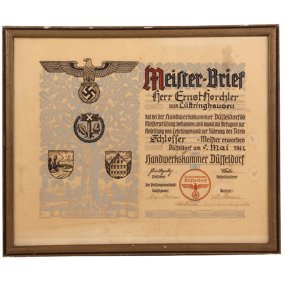 Third Reich Meister-Brief, 9. Mai. 1941.: Third Reich Meister-Brief, 18.7" x 15.6", framed behind glass, Herr Ernst Horchler, Schlosser, Meister erworben Düsseldorf, am 9. Mai. 1941, very good condition.