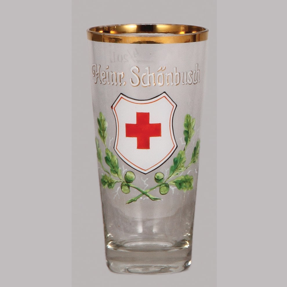 Regimental glass beaker, 4/20L, Sanitäter, c.1900.: Regimental glass beaker, 4/20L, 5.2" ht., Sanitäter, c.1900, named to: Heinr. Schönbush, mint.