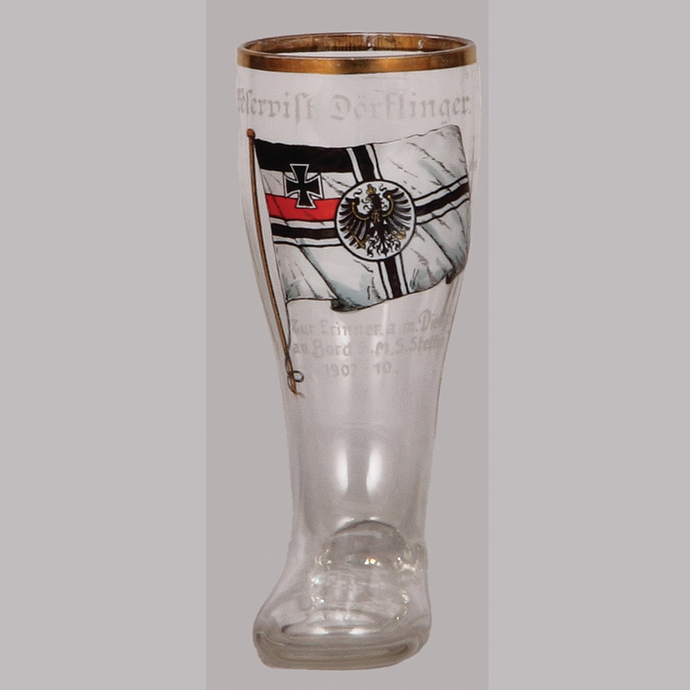 Regimental glass boot, .25L, .S.M.S. Stettin.: Regimental glass boot, .25L, 6.2" ht., Zur Erinner. a.m. Dienstz. an Bord S.M.S. Stettin, 1907 - 1910, named to Reservist Dörflinger, mint.