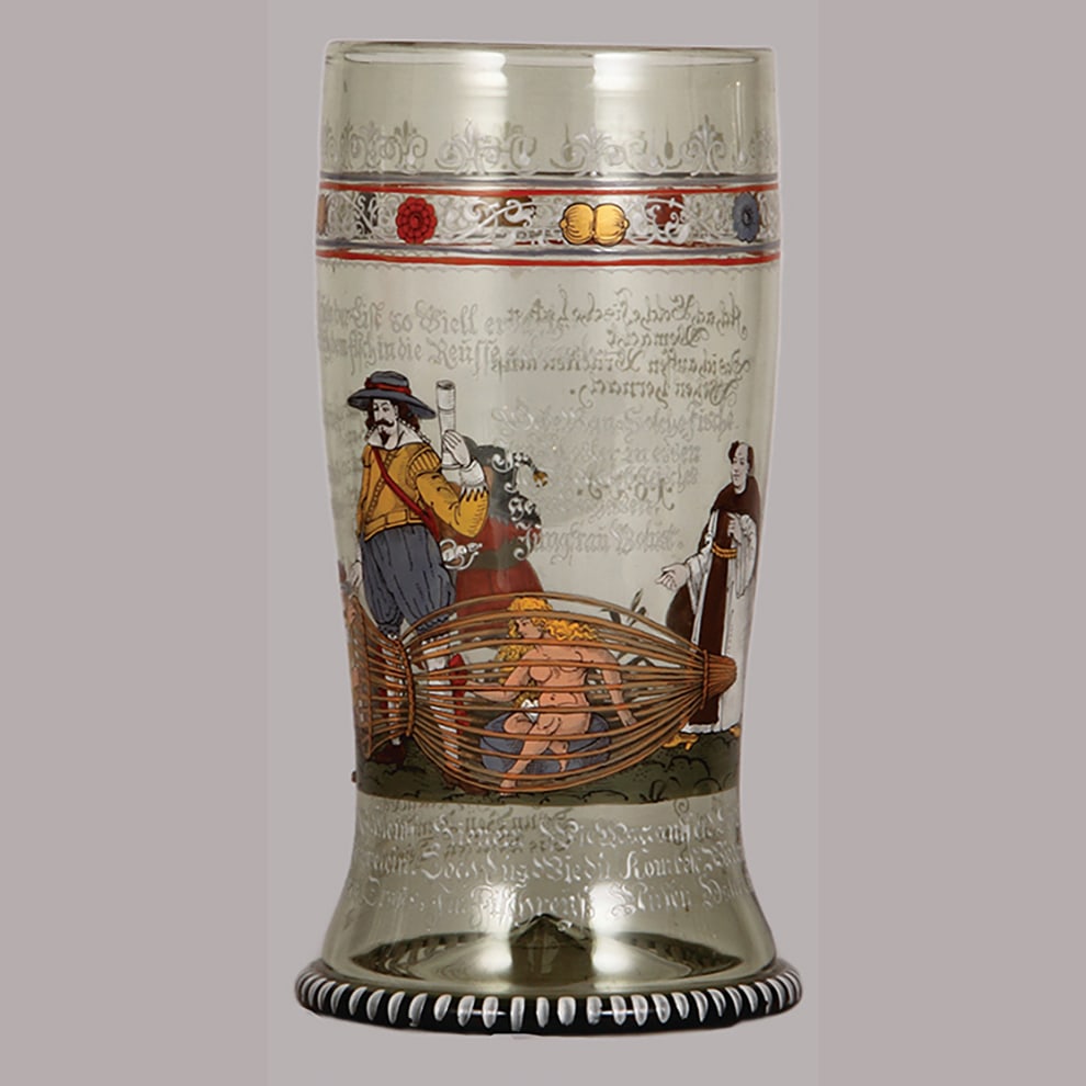 Fritz Heckert large glass humpen, 11.6" ht.: Fritz Heckert large glass humpen, 11.6" ht., blown, pale green, historismus, late 19th. century version of early 17th. century original, woman in cage with several men dated 1625, mint.