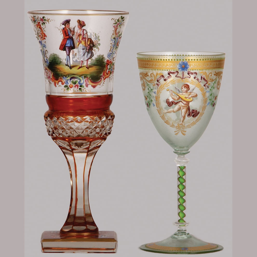 Bohemian & Italian glass goblets, two, 9.0" ht.: Bohemian & Italian glass goblets, two, 9.0" ht., blown, clear, heavy, cut, hand-painted, man & woman with floral, yellow stain; with, 7.4" ht., blown, clear, frosted finish, cherubs playing instrument