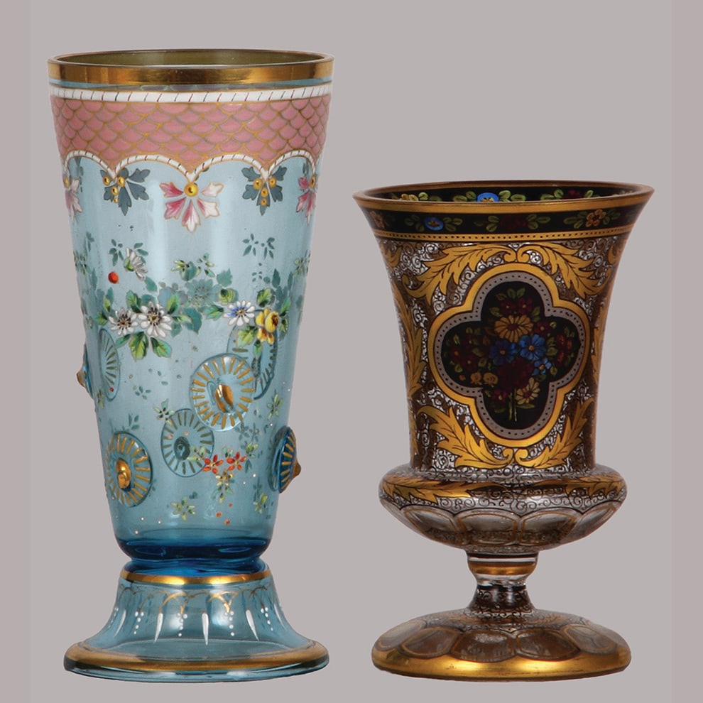 Bohemian glass goblets, two, 7.2" ht.: Bohemian glass goblets, two, 7.2" ht., blown, blue, applied glass prunts, hand-painted, floral, some thick enamel; with, 5.5" ht., heavy glass, hand-painted, floral, copper wheel-cut, gilding, wonderf