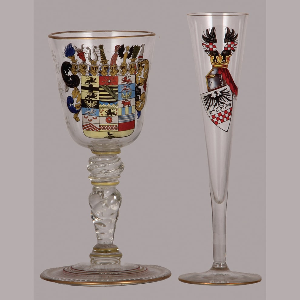 Glass goblets, two, 8.4" ht., historismus.: Glass goblets, two, 8.4" ht., historismus, hand-painted, blown, clear, coat-of-arms, Hortzogl, Sächsisches Merseburgisches Wappen on reverse; with, 9.2" ht., glass flute, blown, clear, hand-paint