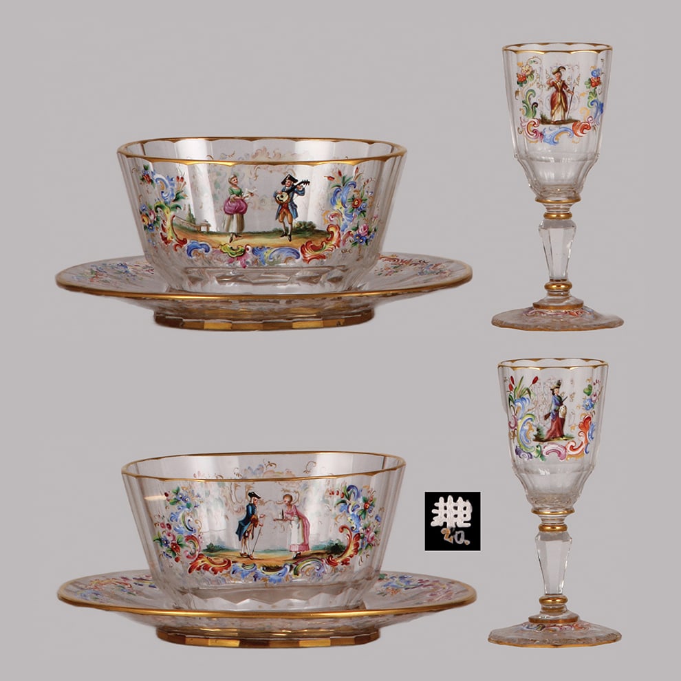 J. & L. Lobmeyr glass group, four pieces.: J. & L. Lobmeyr glass group, four pieces, all faceted & hand-painted, blown, clear, faceted, bowl with underplate, 4.9" w. x 3.9" d. x 2.7" ht., plate 7.0" w. x 5.9" d. x 7.0" ht., two matching goblet