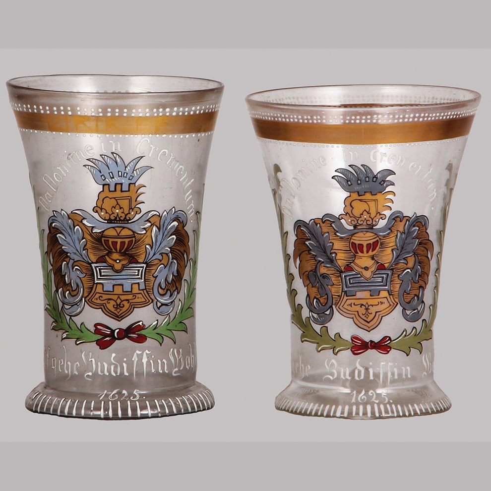 Fritz Heckert glass humpens, two, 6.0" & 5.9" ht.: Fritz Heckert glass humpens, two, 6.0" & 5.9" ht., blown, clear, hand-painted, historismus, late 19th. century versions of originals from 1625, coat-of-arms, both mint.