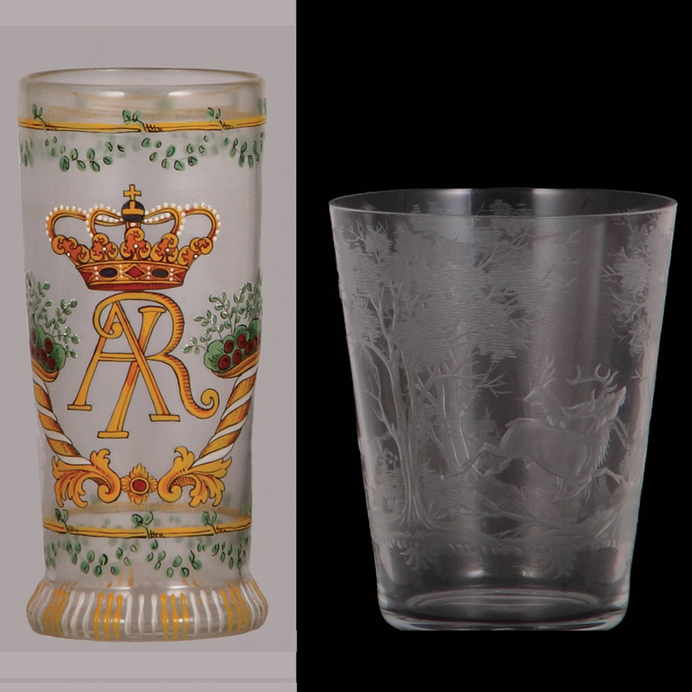 Fritz Heckert & J. & L. Lobmeyr, glass humpens.: Fritz Heckert & J. & L. Lobmeyr, glass humpens, two, blown, clear, hand-painted, 6.3" ht., historismus, late 19th. century version of earlier originals, AR with crown; with, 4.9" ht., blown, clear, co