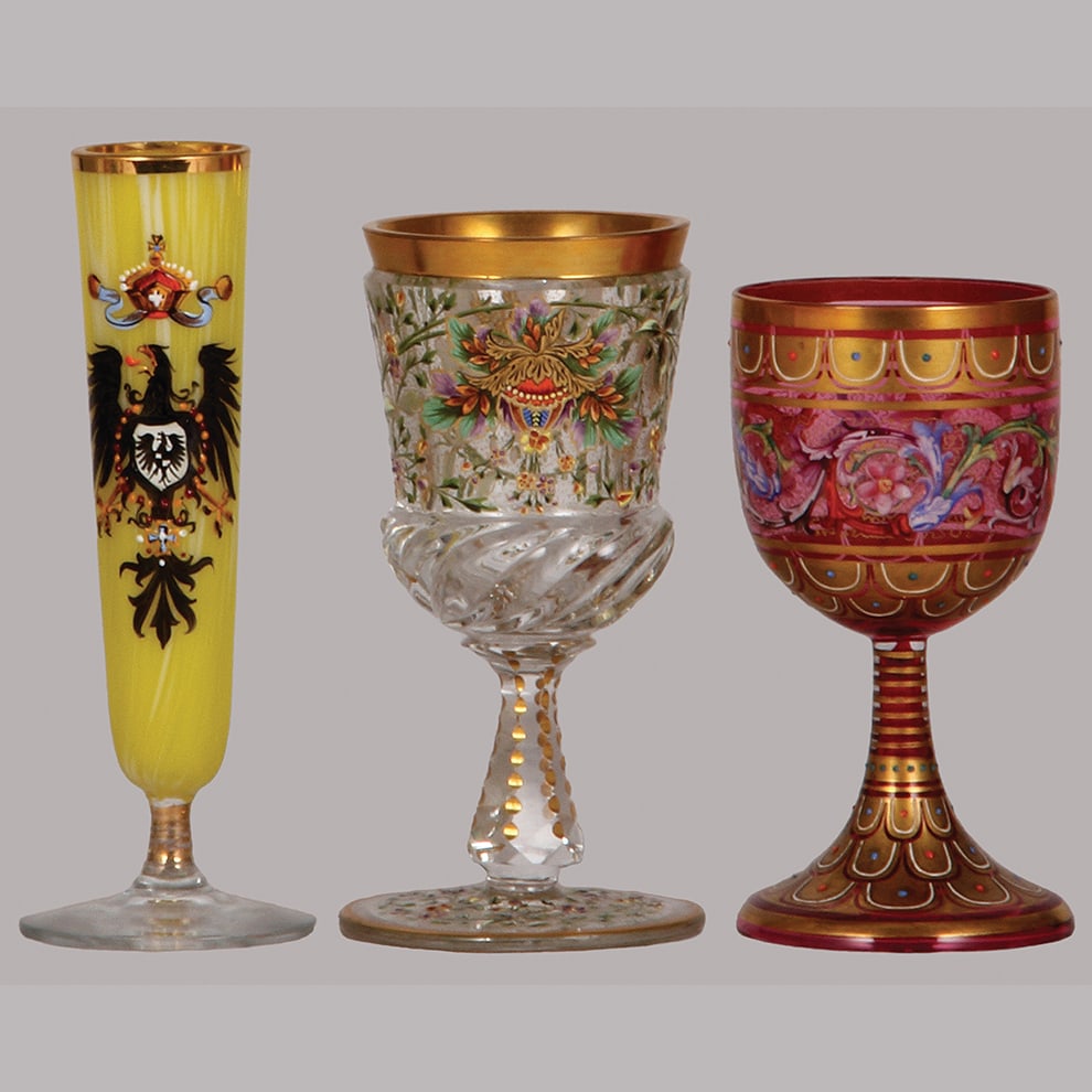 Bohemian glass goblets, three, 5.9" ht. & 5.3" ht. & 4.6" ht.: Bohemian glass goblets, three, 5.9" ht., blown, clear, interior cased yellow & white glass, hand-painted, Prussian Eagle; with, 5.3" ht., blown, clear, heavy, engraved, hand-painted, detailed floral; 