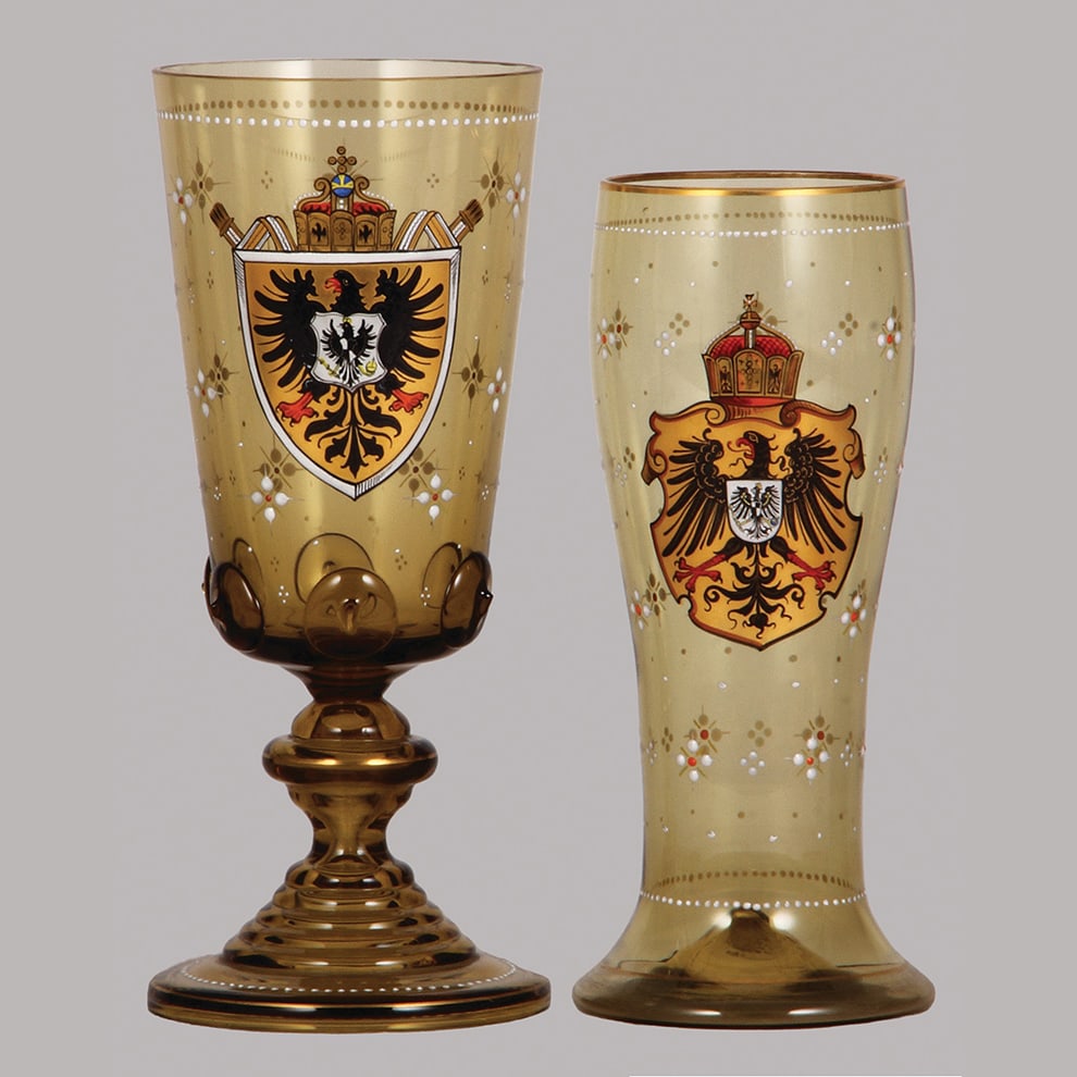 Egermann Bohemian glass goblets, two, 8.9" ht. & 7.9" ht., blown.: Egermann Bohemian glass goblets, two, 8.9" ht. & 7.9" ht., blown, amber, hand-painted, Prussian Eagles, both mint.