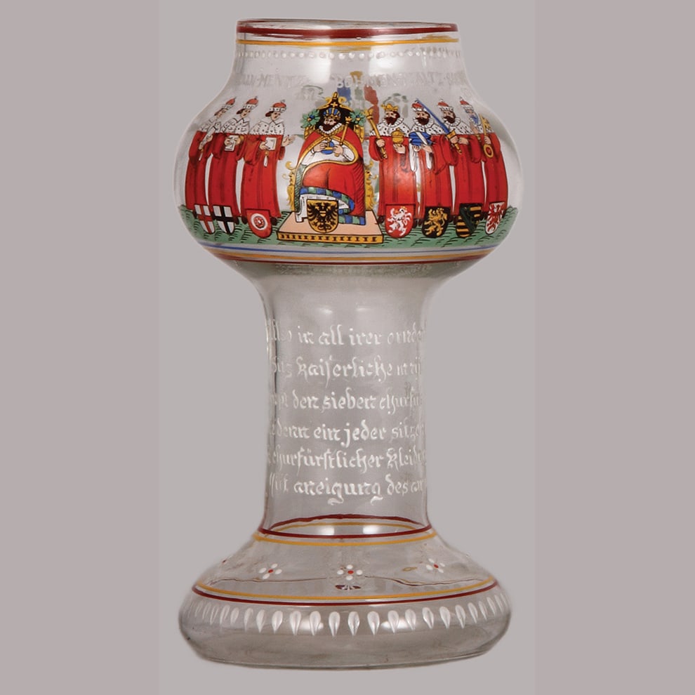 Fritz Heckert large glass goblet, 11.1" ht., blown, Electors.: Fritz Heckert large glass goblet, 11.1" ht., blown, clear, historismus, late 19th. century version of a 17th. century original, Electors dated 1616, mint.