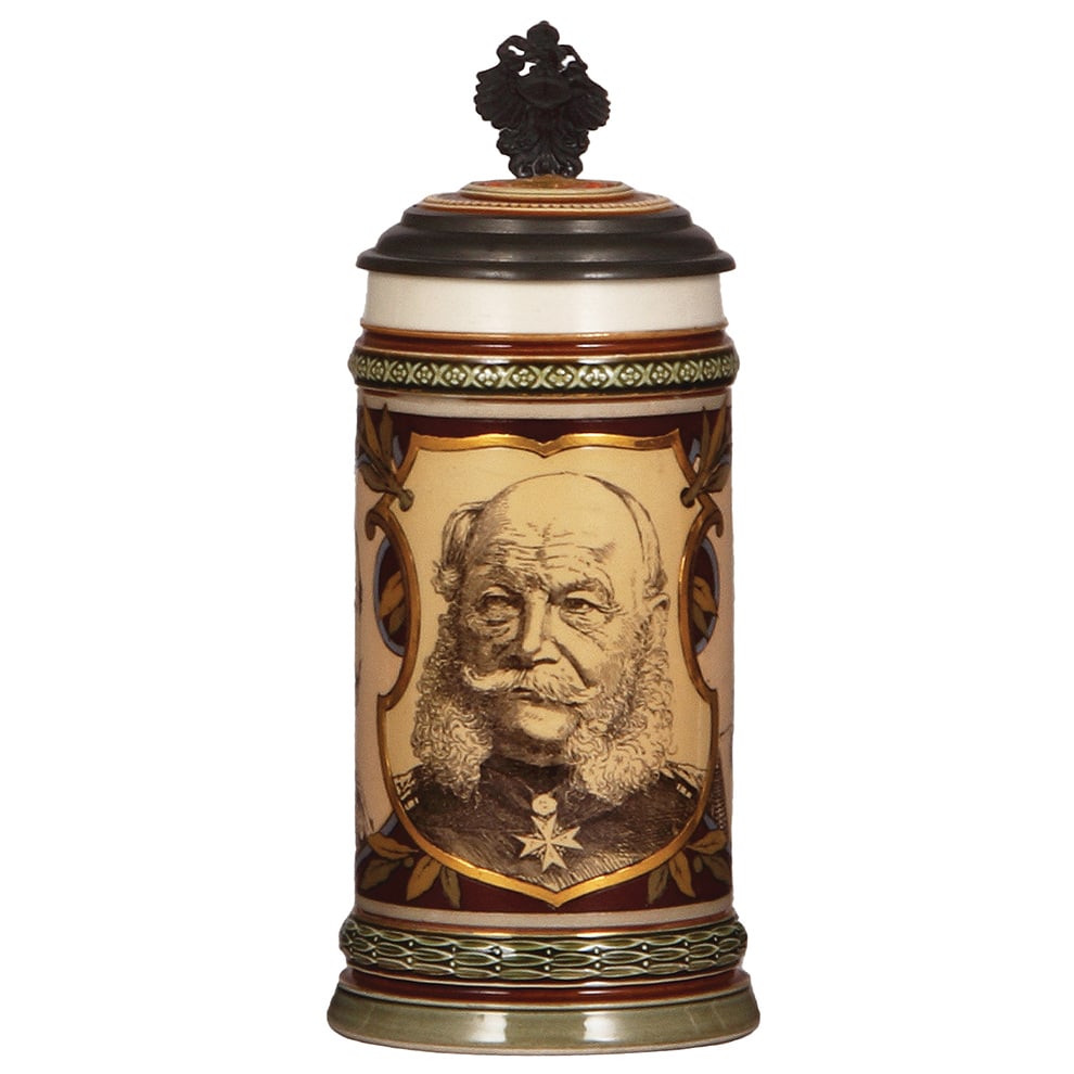 Mettlach stein, .5L, 1890, etched & PUG, three Kaisers. (1 of 4)