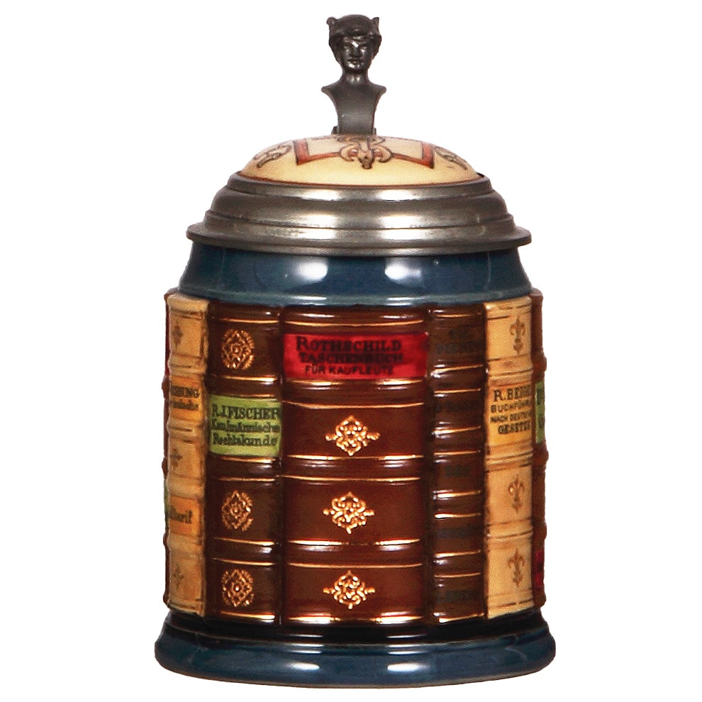 Mettlach stein, .5L, 2001K, decorated relief, Banking Book stein.: Mettlach stein, .5L, 2001K, decorated relief, Banking Book stein, inlaid lid, mint.