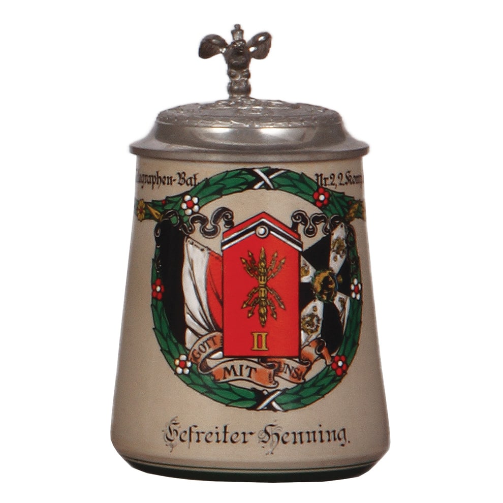 Regimental stein, .5L, Telegraphen - Bat. Nr. 2, Frankfurt a.O..: Regimental stein, .5L, 6.6" ht., stoneware, 2. Komp., Telegraphen - Bat. Nr. 2, Frankfurt a.O., 1909 - 1911, roster, eagle thumblift, named to: Gefreiter Henning, mint.