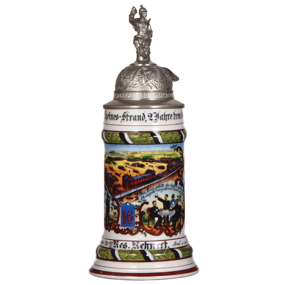 Regimental stein, .5L, Inftr. Regt. No. 16, Mülheim a./Rhein.: Regimental stein, .5L, 11.1" ht., porcelain, 8. Comp., Inftr. Regt. No. 16, Mülheim a./Rhein, 1903 - 1905, six side scenes, roster, eagle thumblift, named to: Res. Rehnert, mint.