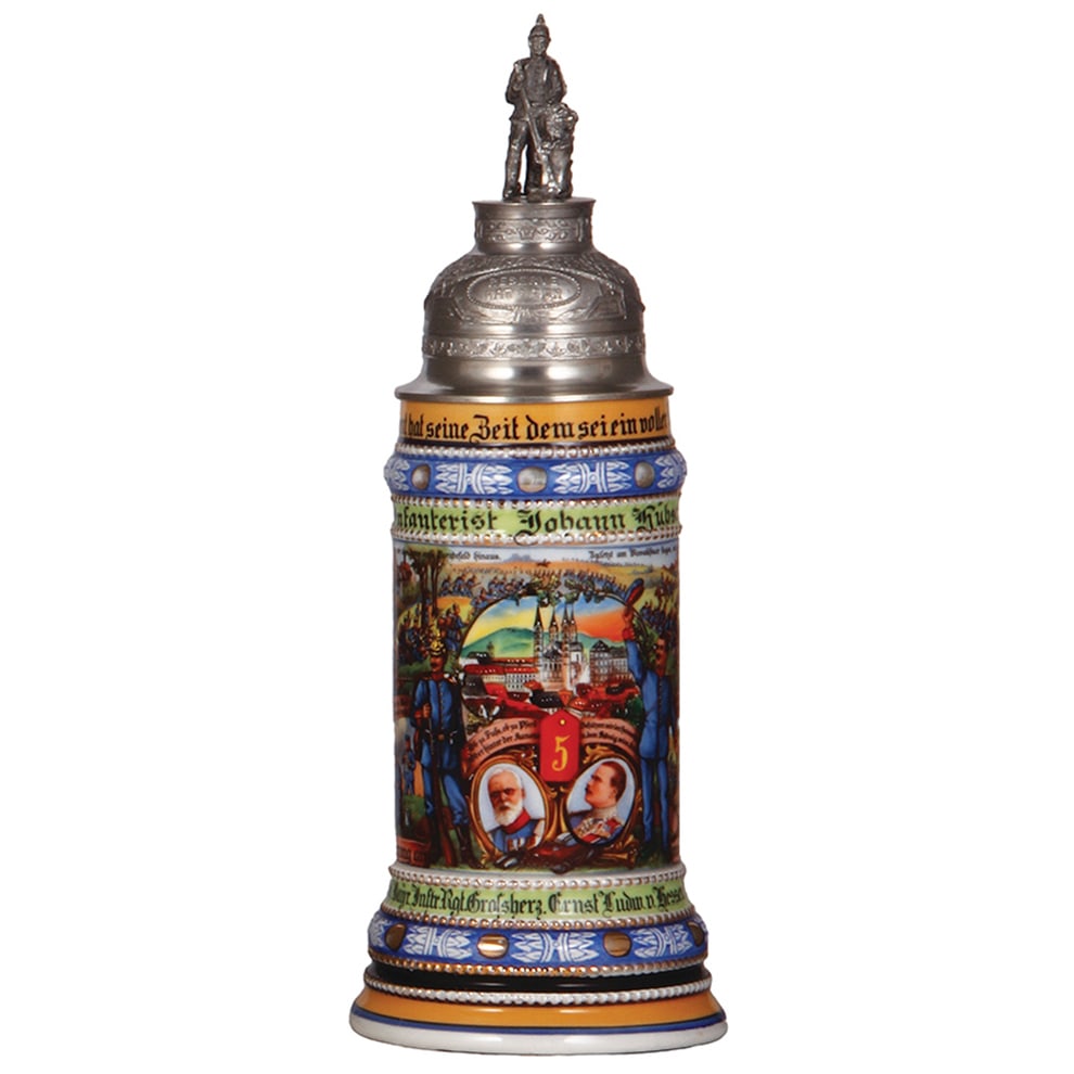 Regimental stein, .5L, baÿr. Inftr. Regt. Nr. 5, Bamberg.: Regimental stein, .5L, 12.4" ht., porcelain, 1. Comp., Kgl. baÿr. Inftr. Regt. Nr. 5, Bamberg, 1912 - 1914, four side scenes, roster, lion thumblift, named to: Infanterist Johann Hübsch, scr
