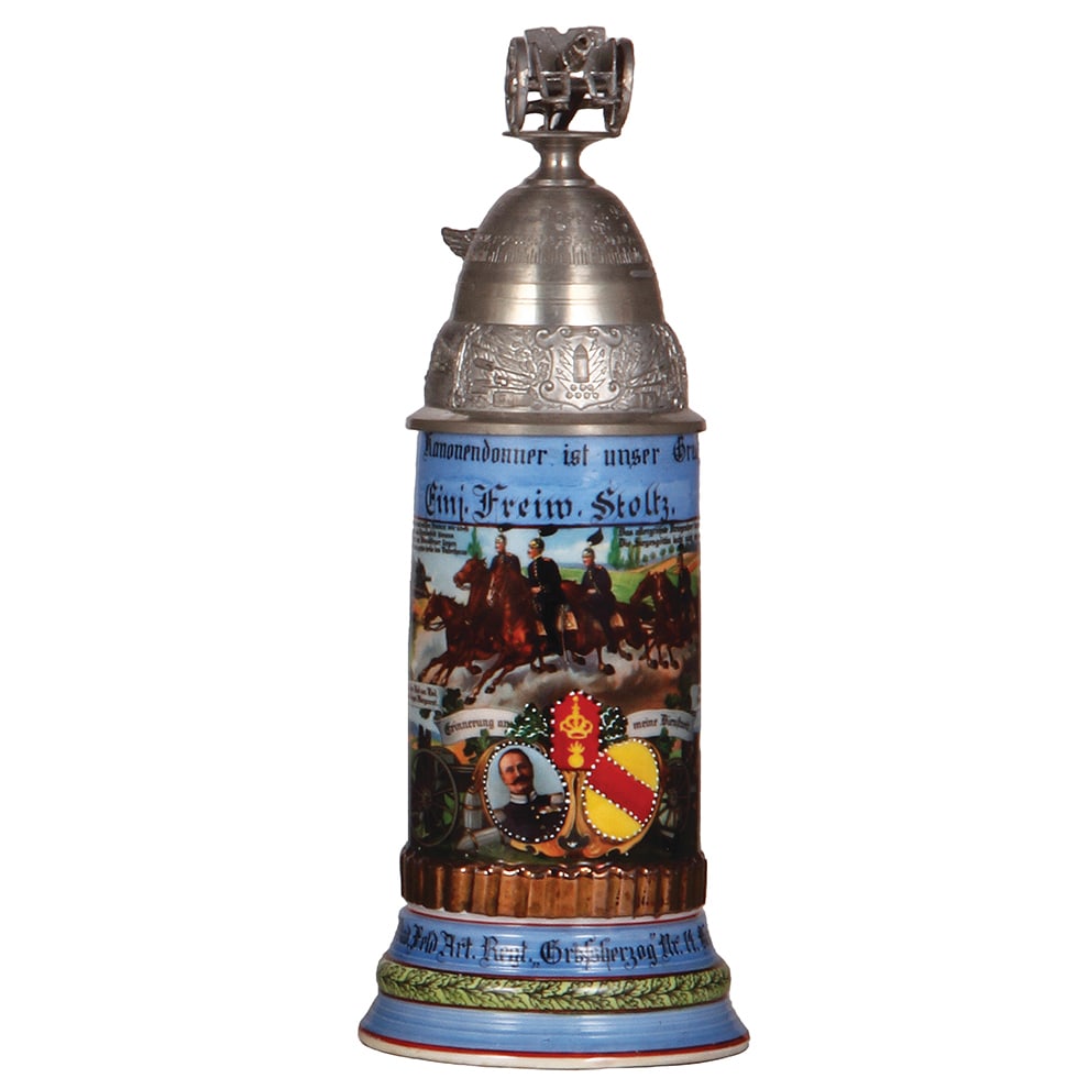 Regimental stein, .5L, Feld Artl. Regt. Nr. 14, Karlsruhe.: Regimental stein, .5L, 11.4" ht., porcelain, 3. Battr., Feld Artl. Regt. Nr. 14, Karlsruhe, 1910 - 1911, four side scenes, roster, named to: Einj. Freiw. Stoltz, pewter tear, still strong, otherwise m