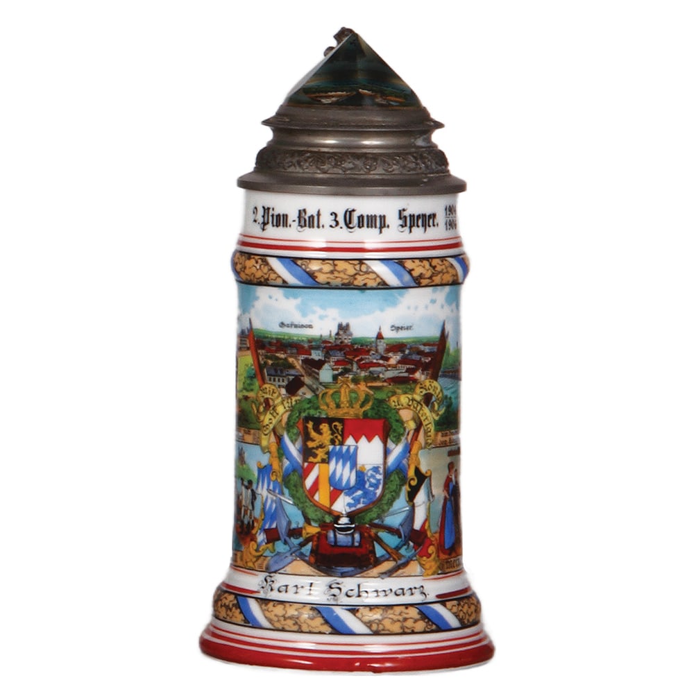 Regimental stein, .5L. 2. Pion. Batl., 3. Comp., Speyer.: Regimental stein, .5L. 9.3" ht., porcelain, 2. Pion. Batl., 3. Comp., Speyer, Erinn. a.m. Commando München under handle, 1904 - 1906, four side scenes, lion thumblift, named to: Karl Schwarz, fai