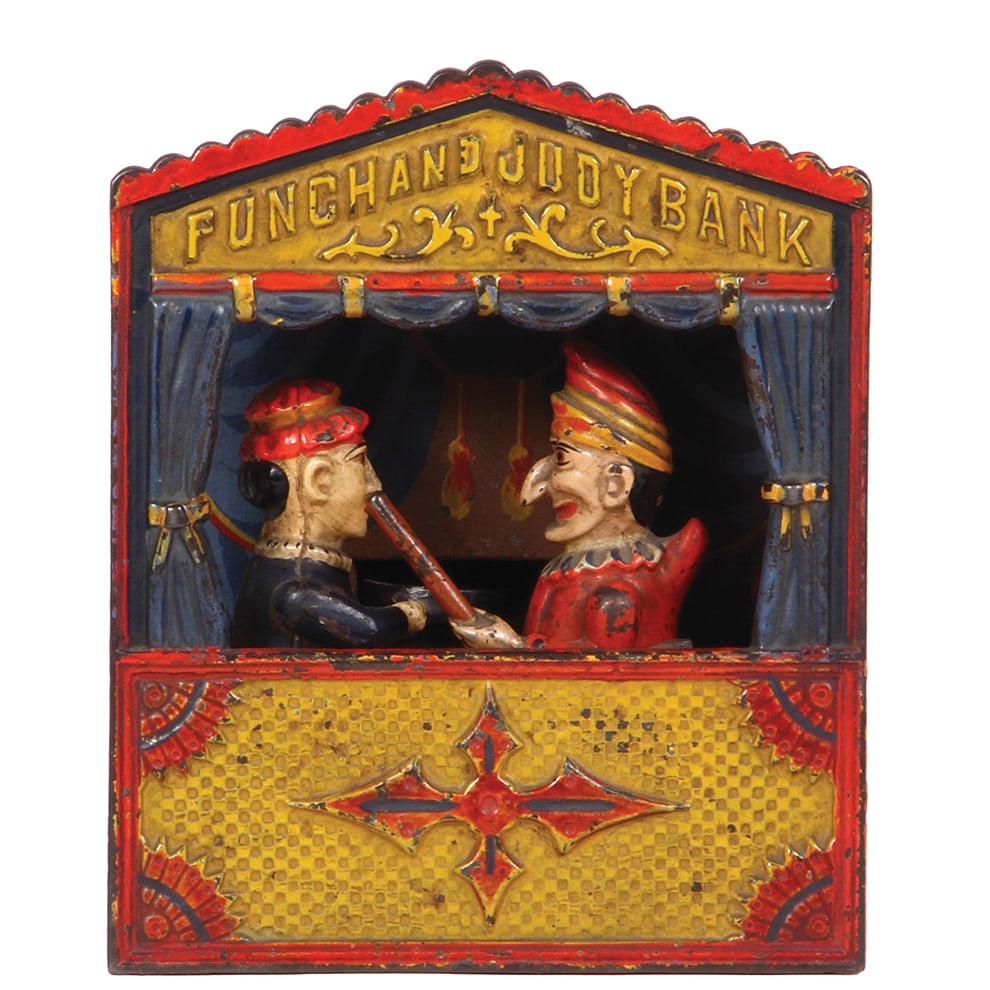 Cast Iron Mechanical Bank, 7.5” ht., Punch & Judy.: Cast Iron Mechanical Bank, 7.5” ht., 6.2” wide, 3.6” deep, Punch & Judy, made by Shepard Hardware Company. Buffalo, New York, c.1890. Refer to the photographs to evaluate the conditi