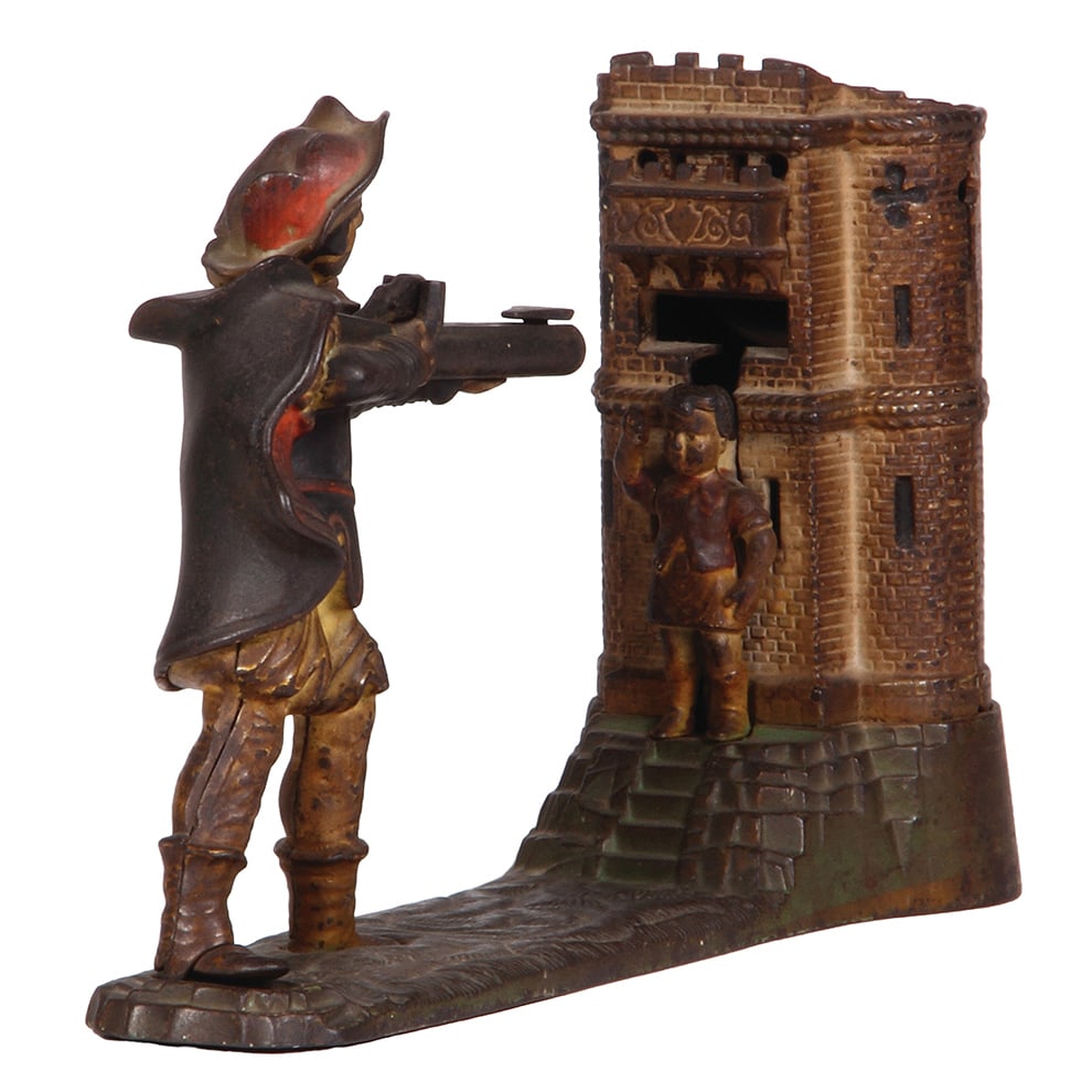 Cast Iron Mechanical Bank, 6.6” ht., William Tell.: Cast Iron Mechanical Bank, 6.6” ht., 10.4” long, 3.8” deep, William Tell, made by J. & E. Stevens, Pat. 1896. Refer to the photographs to evaluate the condition, including color wear