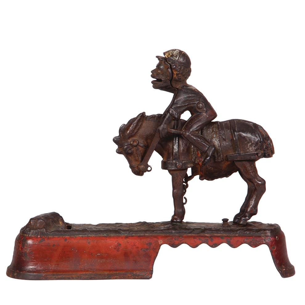 Cast Iron Mechanical Bank, 7.9”, I Always Did 'Spise a Mule Jockey.: Cast Iron Mechanical Bank, 7.9” ht., 7.9” long, 2.6” deep, I Always Did 'Spise a Mule Jockey, made by J. & E. Stevens, Pat. 1879. Refer to the photographs to evaluate the condition, 
