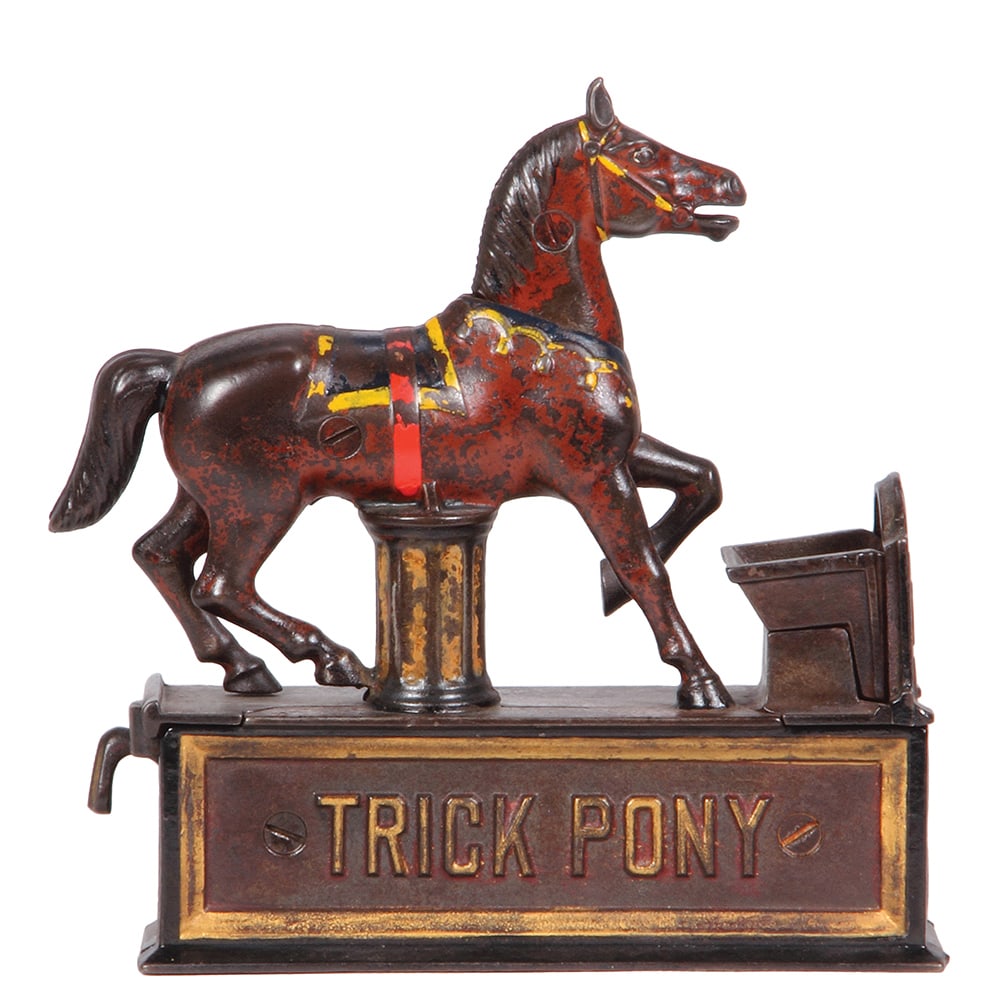 Cast Iron Mechanical Bank, 8.0”, The Trick Pony.: Cast Iron Mechanical Bank, 8.0” ht., 10.0” long, 3.0” deep, The Trick Pony, made by Shepard Hardware Company. Buffalo, New York, c.1880s. Refer to the photographs to evaluate the con