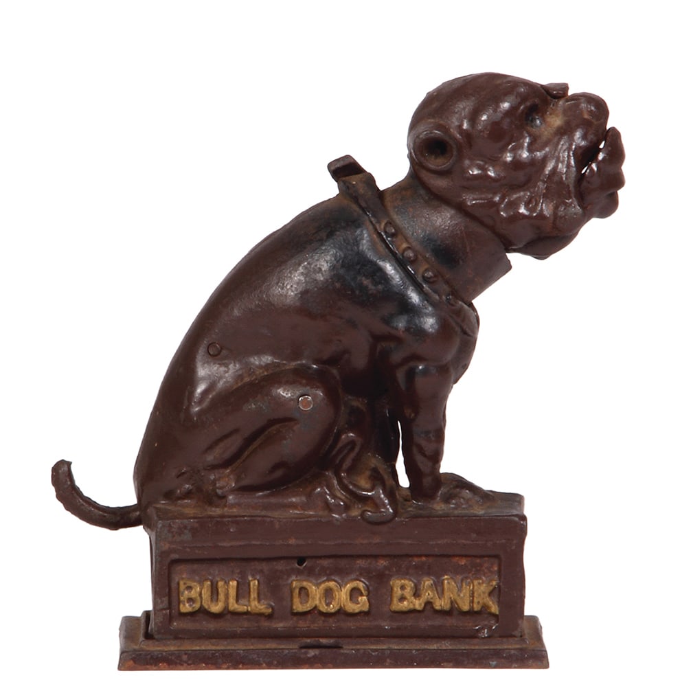 Cast Iron Mechanical Bank, 7.0”, Bull Dog.: Cast Iron Mechanical Bank, 7.0” ht., 6.7” wide, 3.0” deep, Bull Dog, made by J. & E. Stevens, c.1885. Refer to the photographs to evaluate the condition, including color wear.