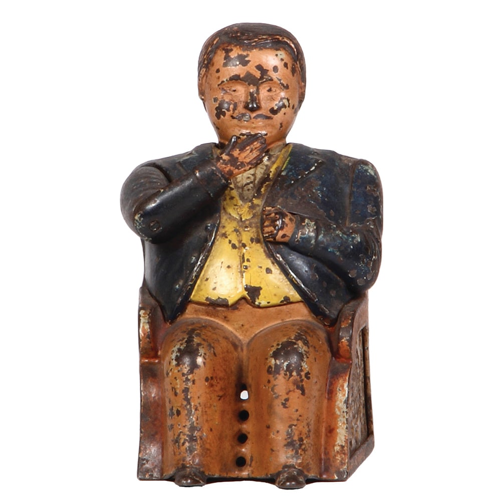 Cast Iron Mechanical Bank, 5.7”, Tammany.: Cast Iron Mechanical Bank, 5.7” ht., 3.5” wide, 4.5” deep, Tammany, made by J. & E. Stevens, 1870s. Refer to the photographs to evaluate the condition, including color wear.