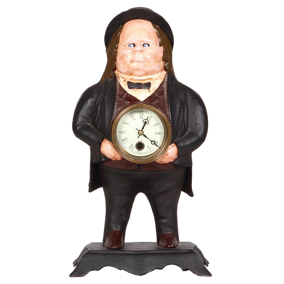 Cast Iron Clock, 15.1” ht., John Bull.: Cast Iron Clock, 15.1” ht., 8.0” wide, 5.5” deep, John Bull, made by Bradley & Hubbard Pat. 1857. Colors are repainted. Refer to the photographs to evaluate the condition, including 