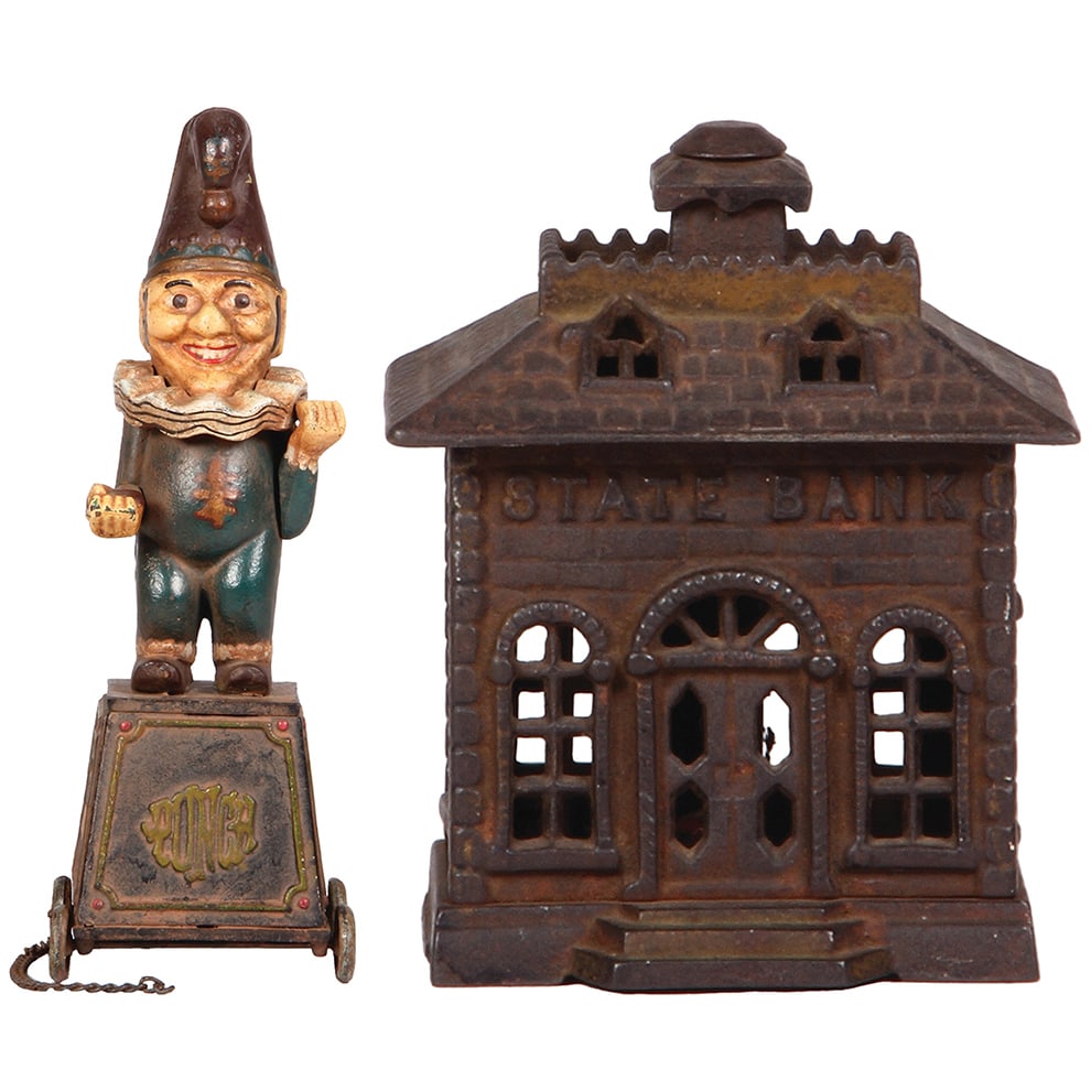 Cast Iron Mechanical Bank, 12.3” ht., Punch & 5.2” ht., State Bank.: Cast Iron Mechanical Bank, 12.3” ht., 4.3” wide, 3.7” deep, modern, Punch; with, Cast Iron Bank, 5.2” ht., 4.1” wide, 3.4” deep, State Bank, made by Kenton Hardware